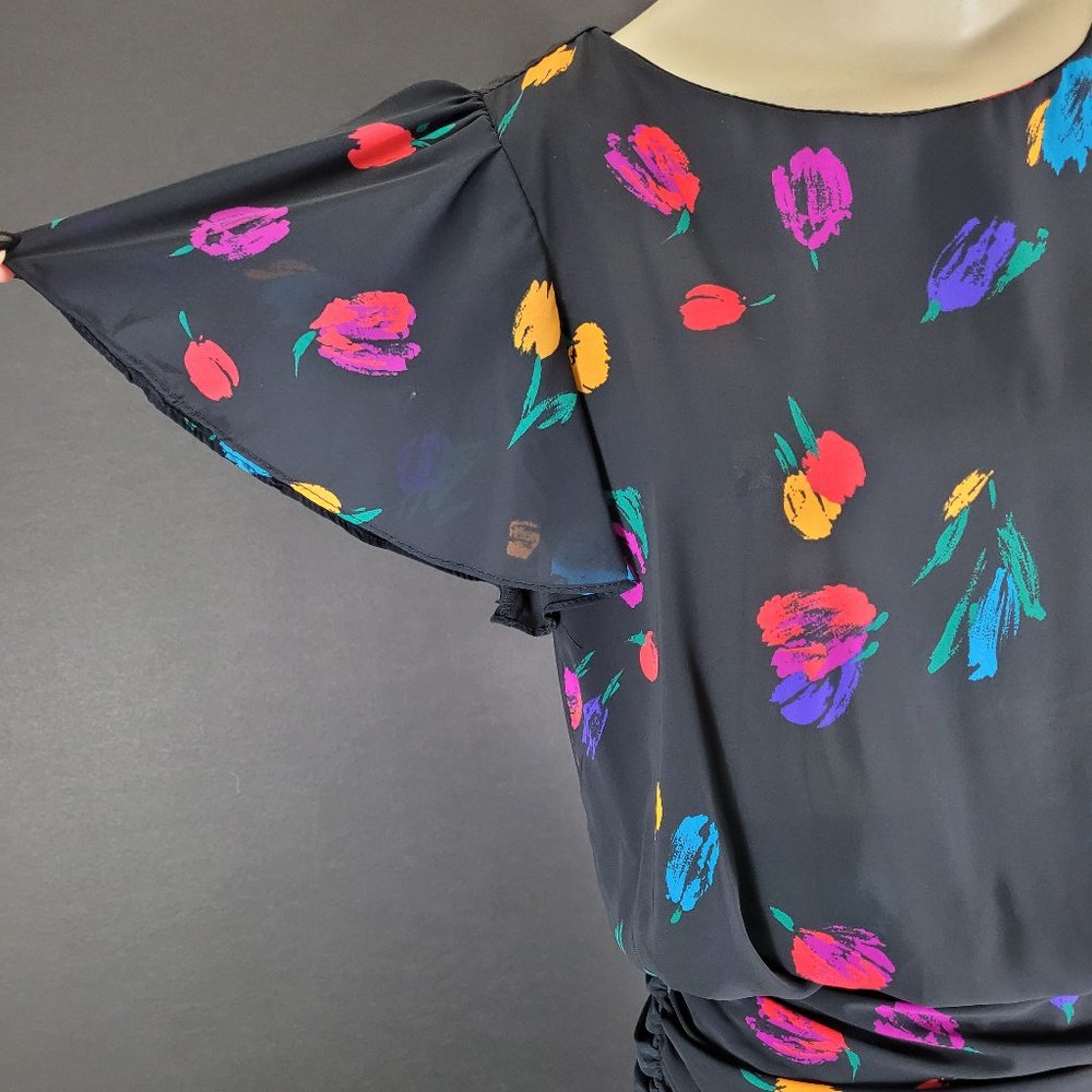 80s Sheer Black Abstract Floral Dress - image 6